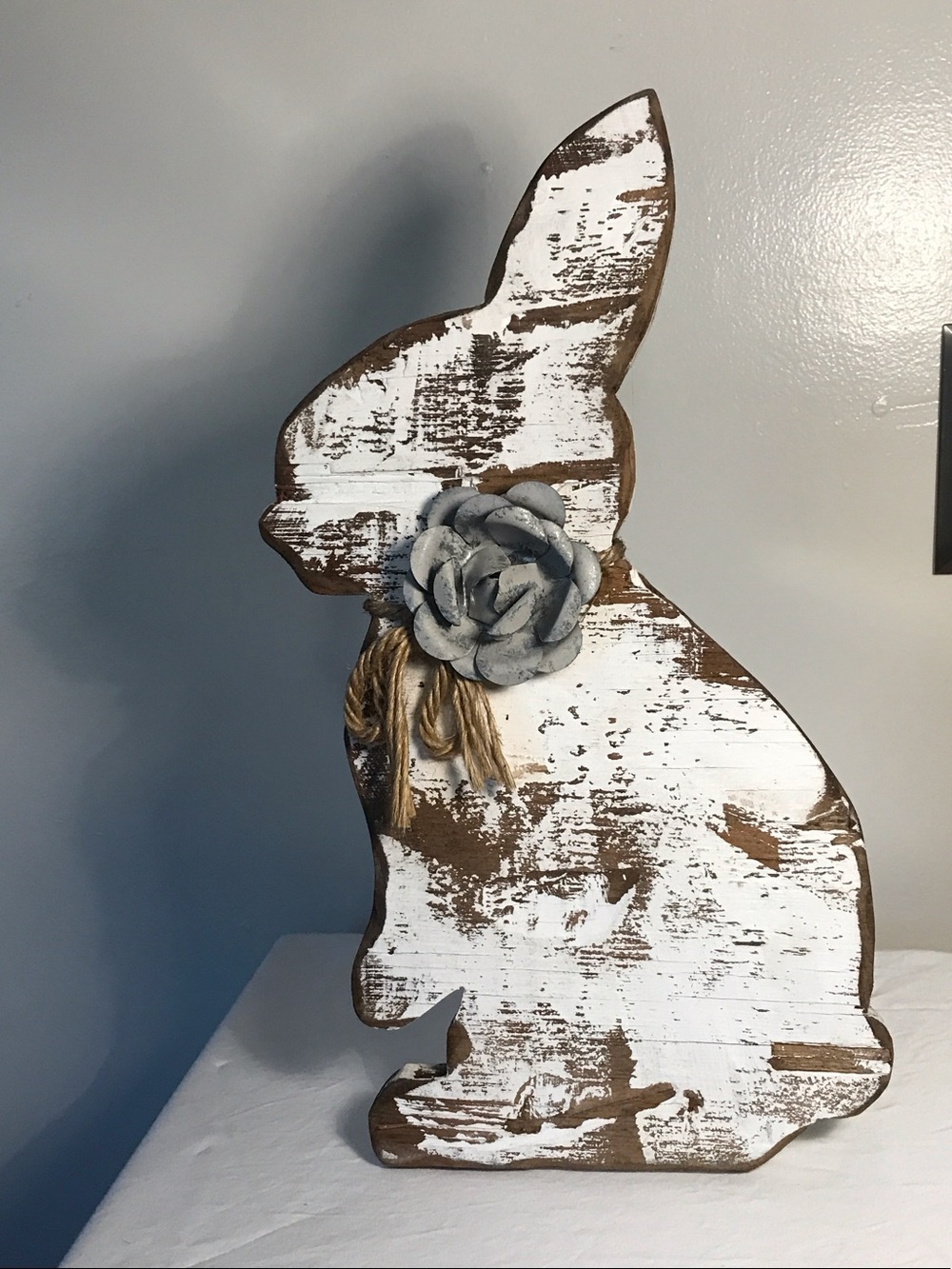 Rustic Distressed White & Brown Wood Bunny Decor with Gray Flower